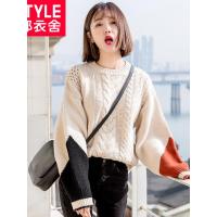 韩都衣舍2018秋装韩版新款女拼色宽松圆领针织衫毛衣GQ9309耒