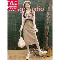 韩都衣舍2018韩版冬装高腰显瘦灯芯绒a字气质半身裙女EK8871囡