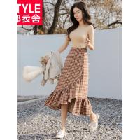 韩都衣舍2018春装新款韩版女装格子A字荷叶边半身裙MR8852汩1227