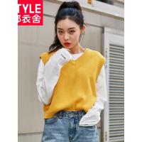 韩都衣舍2018冬装新款女装韩版无袖格子纯色V领毛针织衫GS10058緈