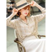韩都衣舍2019春装新款女装韩版宽松上衣格子长袖衬衫OM90018樰