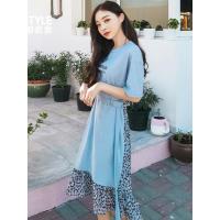 韩都衣舍2019新款夏装气质显瘦豹纹字母拼接A字连衣裙女OM80122莀