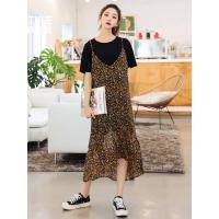 韩都衣舍2019春装新款女韩版两件套荷叶边豹纹连衣裙DU9191樱0209