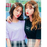 韩都衣舍2019夏装新款女韩版宽松字母刺绣紫色短袖T恤女NJ12696翝