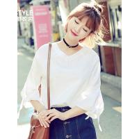 韩都衣舍2019春装新款韩版女装宽松衬衣学生系带V领衬衫YK9885鲲