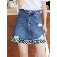 韩都衣舍2019夏装新款韩版气质学生A字豹纹牛仔半身裙女OM90149莀