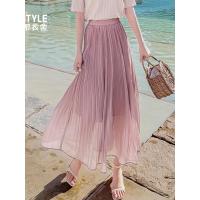 韩都衣舍2019夏装新款女装韩版雪纺百褶长裙a字裙半身裙IG8356僥