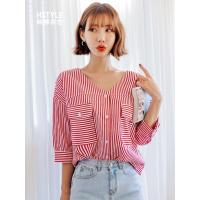 韩都衣舍2019夏装女装韩版宽松V领五分袖条纹衬衫GW10550阨