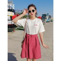 韩都衣舍2019女装夏装韩版格子短裙假两件短袖连衣裙LZ8734烎