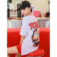 韩都衣舍2019夏季韩版女装新款宽松圆领印花中长款短袖T恤NJ12935