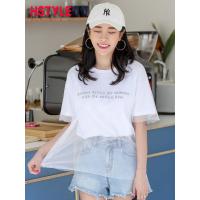 韩都衣舍2019夏装新款韩版女装上衣宽松白色网纱短袖t恤JZ11254瑭
