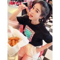 韩都衣舍2019夏装新款韩版女装宽松上衣短袖豹纹印花T恤OM90180婏