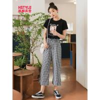 韩都衣舍2019韩版女装夏装新款休闲舒适印花格子时尚套装EK9091囡