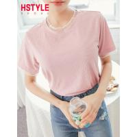 韩都衣舍2019夏装新款女装韩版网纱拼接短袖打底T恤上衣NF11551潤