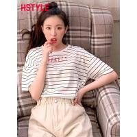 韩都衣舍2019韩版女装夏装新款宽松圆领条纹上衣短袖T恤OM91007婏