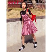 韩都衣舍2019夏装新款女装韩版红色小个子格子收腰连衣裙IG8363僥
