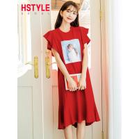 韩都衣舍2019新款夏装学生气质红色印花荷叶边连衣裙女CQ8782莀