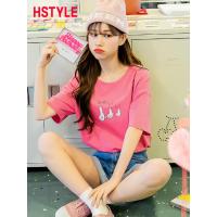 韩都衣舍2019夏装新款女装韩版卡通印花宽松圆领短袖T恤NJ12833翝