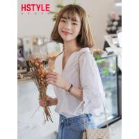 韩都衣舍2019韩版女装夏装新款V领系带纯棉休闲衬衫PC9082晽