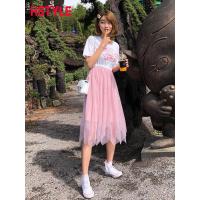 韩都衣舍2019夏装新款女装韩版粉色中长网纱仙女裙连衣裙LZ9089烎