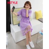 韩都衣舍2019韩版女装夏装新款拼接系带网纱连衣裙DU9235樱