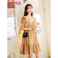 韩都衣舍2019夏装新款女装韩版气质黄色格子宽松连衣裙IG8411僥