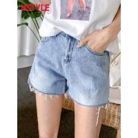 韩都衣舍2019夏装新款女装韩版高腰直筒须边短裤牛仔裤GW10741阨