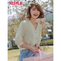 韩都衣舍2019夏装新款韩版女装上衣泡泡袖宽松V领衬衫OK1453蒖