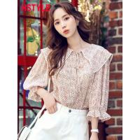 韩都衣舍2019夏新款女装韩版宽松显瘦碎花五分袖衬衫OK1502煜0604
