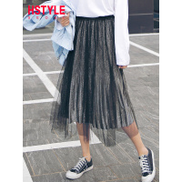 韩都衣舍2019秋装新款女装韩版亮丝网纱百褶裙半身裙NF11712堯