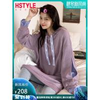 韩都衣舍2019秋装新款女装韩版拼接条纹假两件连衣裙子NJ13406翝