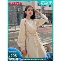 韩都衣舍2019韩版秋装新款圆领灯笼长袖高腰系带女连衣裙PC9200晽