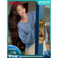 韩都衣舍2019秋装新款女装韩版宽松V领灯笼袖毛衣针织衫MY1309沐