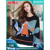 韩都衣舍2019秋装新款女装韩版宽松图案套头针织毛衣女OM90709樰