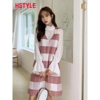 韩都衣舍2019韩版女秋装新款宽松V领格纹毛呢无袖连衣裙HO0069魭