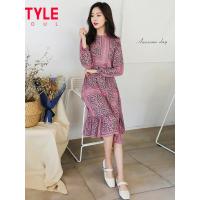 韩都衣舍2019新款秋装韩版气质显瘦系带豹纹连衣裙女OM90086莀