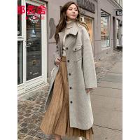 韩都衣舍2019冬新款韩版宽松大衣千鸟格中长款毛呢外套NW12136棽