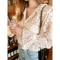 韩都衣舍2019秋装新款韩版荷叶边气质上衣长袖波点衬衫女PV9081勝