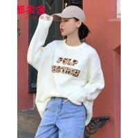 韩都衣舍2019秋装新款韩版女装宽松豹纹贴布针织衫毛衣HO10719魭