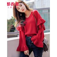 韩都衣舍2019韩版女装秋新款V领喇叭袖红色毛针织衫毛衣GS8993.緈