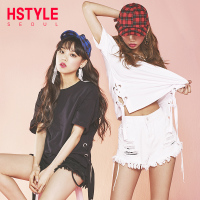 韩都衣舍新款女装夏装韩版纯色宽松bf潮上衣绑带短袖T恤DQ64堯
