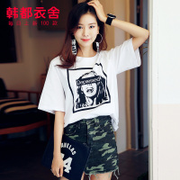 韩都衣舍2019夏装新款女韩版纯棉情侣装宽松短袖上衣T恤TK9336婏
