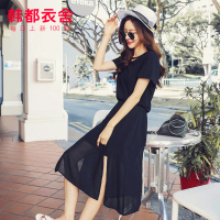 韩都衣舍2019新款女装夏装韩版收腰短袖中长款雪纺连衣裙RW7903瑒