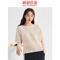 韩都衣舍2020夏装新款女装时尚圆领复古风琴褶短袖T恤RO1013禧