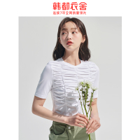韩都衣舍2020夏装新款女装褶皱短款玻尿酸面料短袖T恤RN0008堯