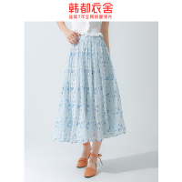 韩都衣舍2020夏装新款女装高腰褶皱裙花卉气质飘逸半身裙RE7320鲲