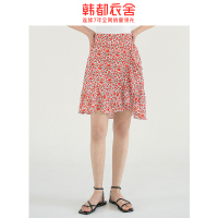 韩都衣舍2020夏季新款简约女短款高腰系带碎花A字半身裙RE5106鲲