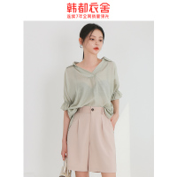 韩都衣舍2020夏装新款韩版女宽松POLO领短袖燕尾服衬衫OM81700樰