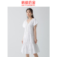 韩都衣舍2020夏装新款韩版法式气质女神范V领连衣裙女OM81703樰