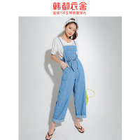 韩都衣舍20夏新网红高腰宽松阔腿连体背带浅色牛仔裤女TK00746婏